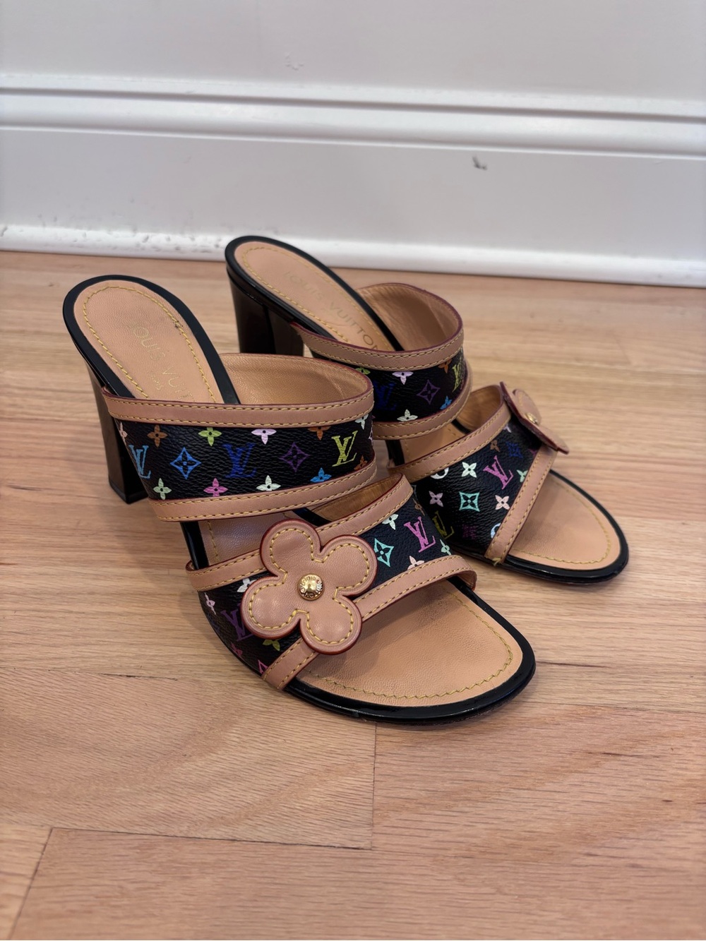 Louis Vuitton Black Multicolor Monogram Slide Mule Sandals Size 39.5